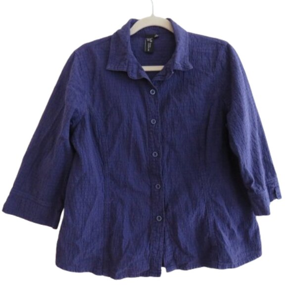 FOCUS CASUAL LIFE Cotton Waffle Textured Button Up Shirt Purple Lagenlook Sz M - Picture 1 of 13